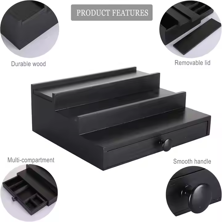 3-Tier Black Wooden Cologne Stand with Hidden Compartment & Drawer | Men's Fragrance Display Organizer