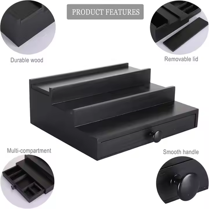 3-Tier Black Wooden Cologne Stand with Hidden Compartment & Drawer | Men's Fragrance Display Organizer