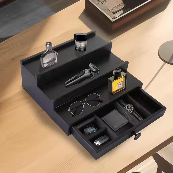 3-Tier Black Wooden Cologne Stand with Hidden Compartment & Drawer | Men's Fragrance Display Organizer
