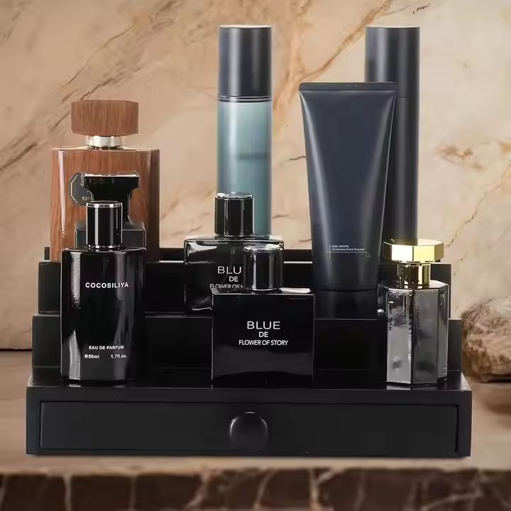 3-Tier Black Wooden Cologne Stand with Hidden Compartment & Drawer | Men's Fragrance Display Organizer