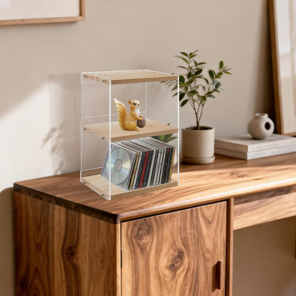 3-Tier Acrylic & Wood CD Storage Rack | Stackable Wooden Display Shelf for CDs, DVDs & Collectibles