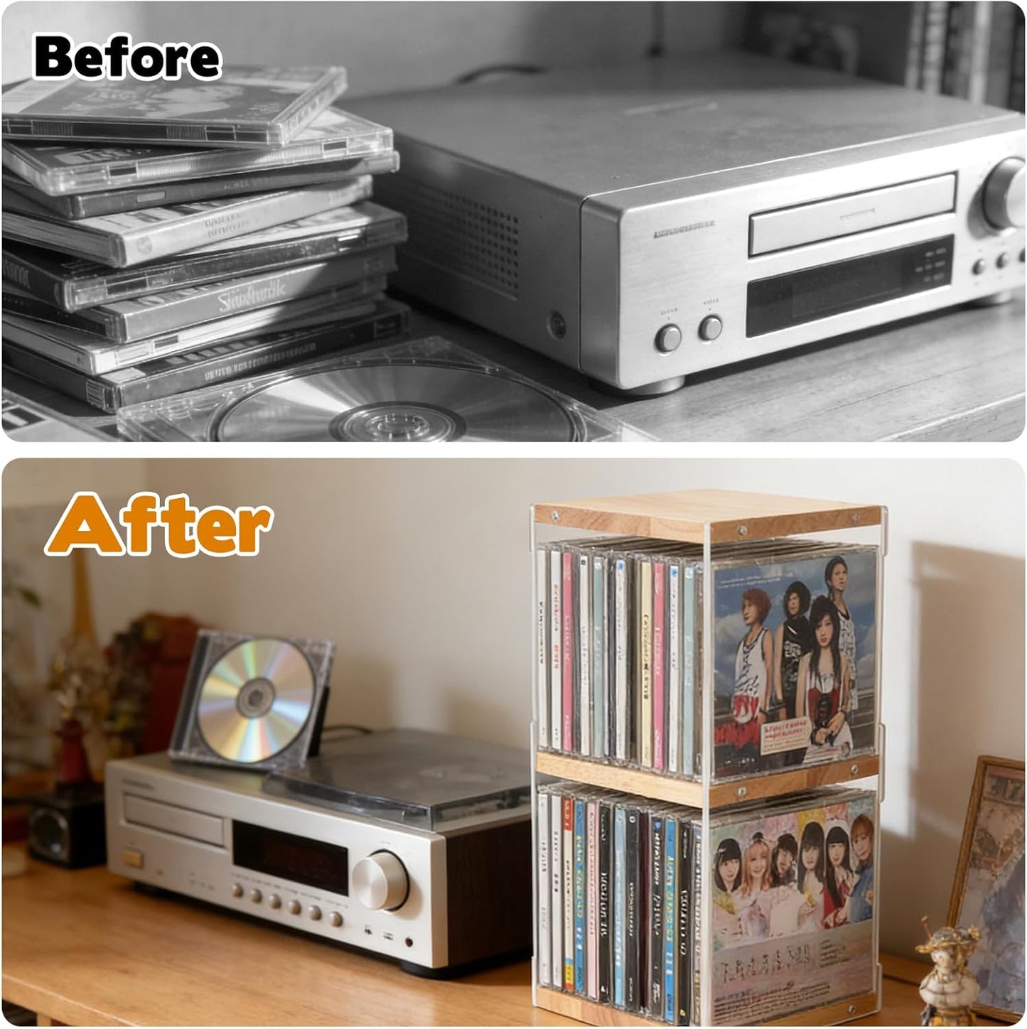 3-Tier Acrylic & Wood CD Storage Rack | Stackable Wooden Display Shelf for CDs, DVDs & Collectibles