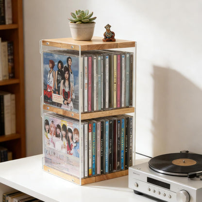 3-Tier Acrylic & Wood CD Storage Rack | Stackable Wooden Display Shelf for CDs, DVDs & Collectibles