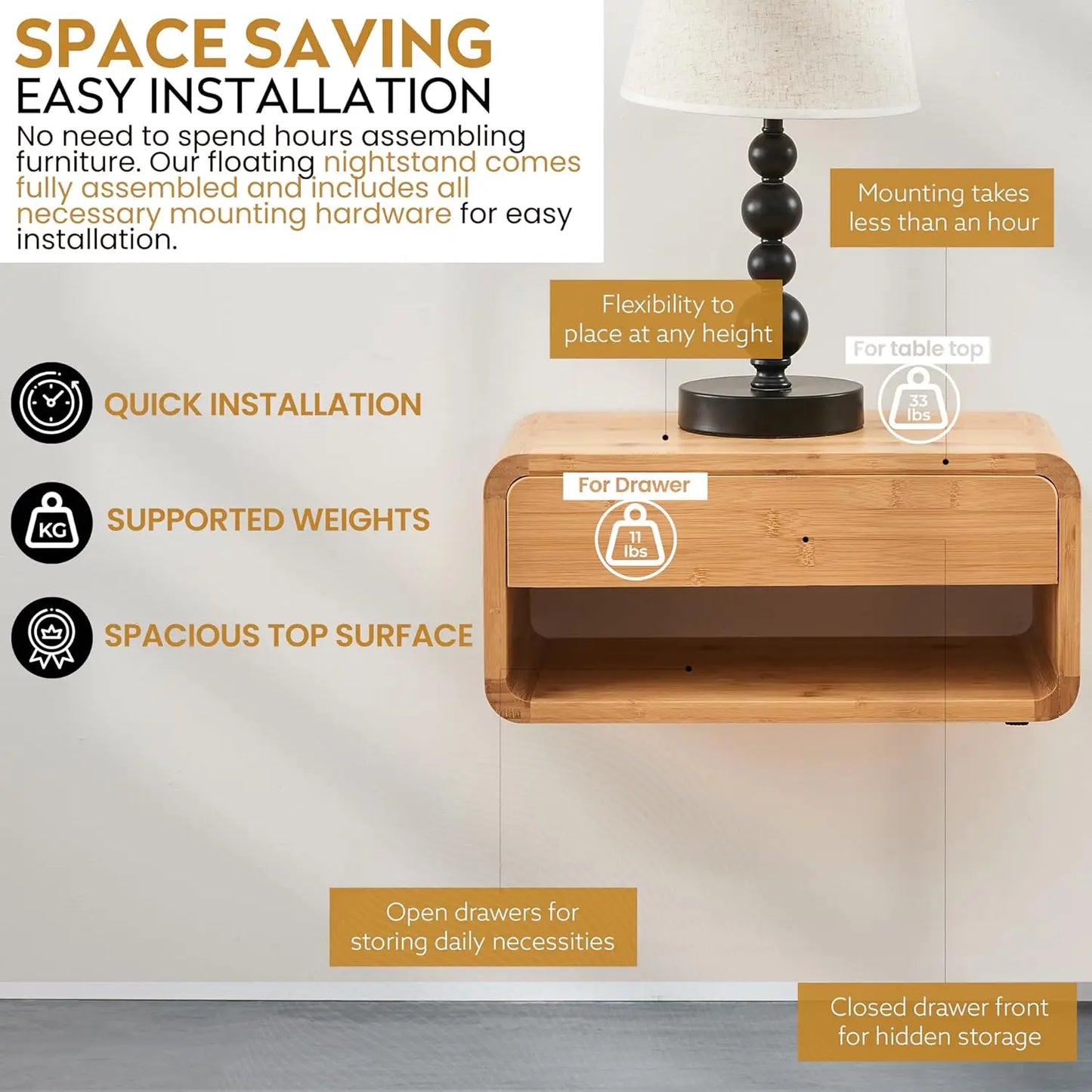 Wholesale Bamboo Floating Bedside Table | Wall-Mounted Nightstand with Drawer | Factory Direct