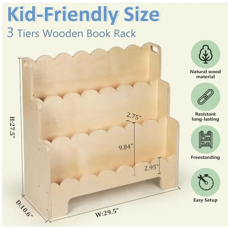 Wholesale Kids Bookshelf | 3-Tier Scalloped Montessori Bookcase | Factory Direct