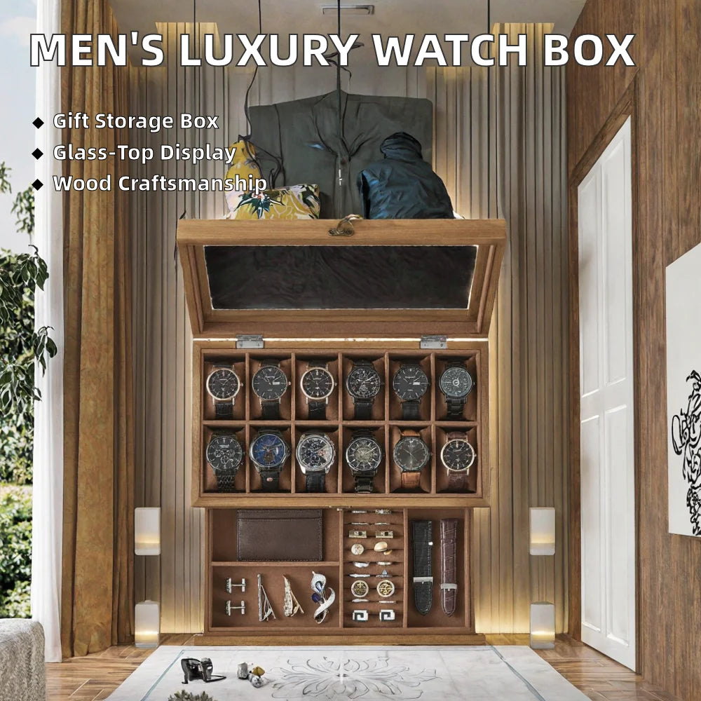 Wholesale Men's Wood Watch Box | Glass Lid Jewelry Organizer Storage Case | Factory Direct