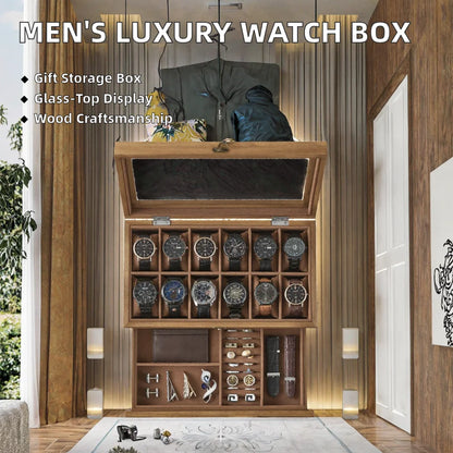 Wholesale Men's Wood Watch Box | Glass Lid Jewelry Organizer Storage Case | Factory Direct