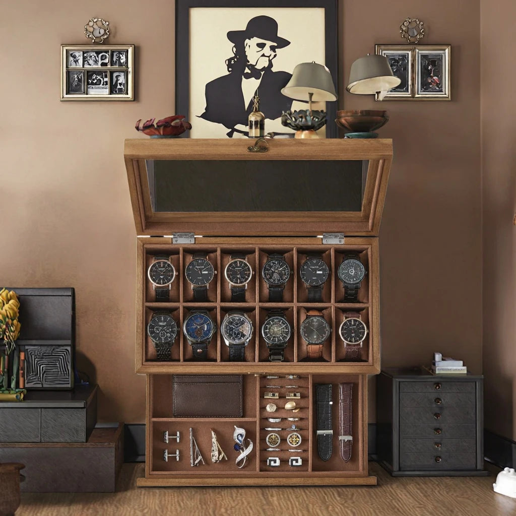Wholesale Men's Wood Watch Box | Glass Lid Jewelry Organizer Storage Case | Factory Direct