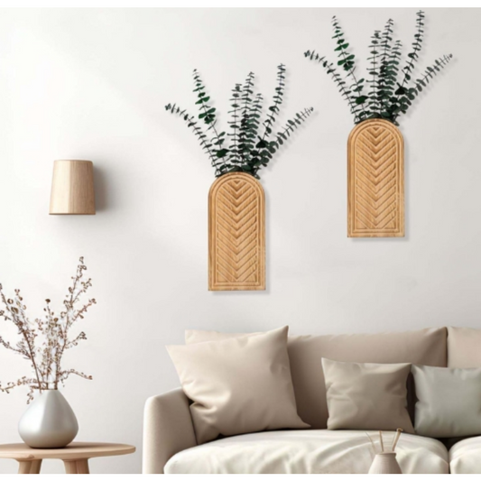 2 Pack Wooden Wall Vase Set Modern Farmhouse Boho Wall Decor Brown Finish for Entryway