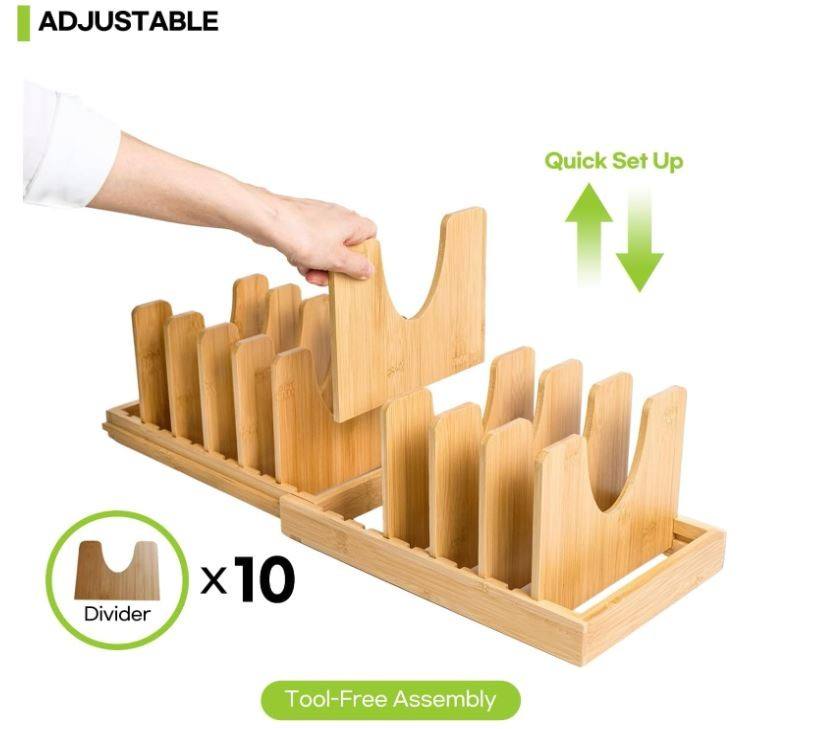 Bamboo pot lid organizer in kitchen
