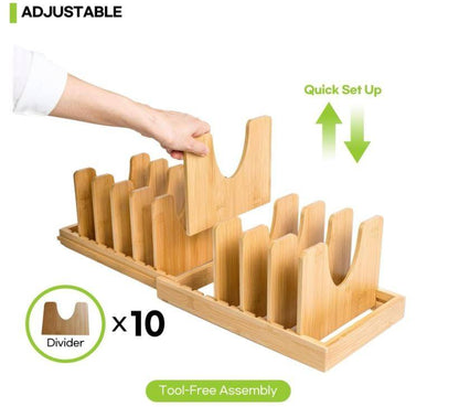 Bamboo pot lid organizer in kitchen