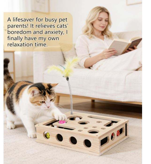 Wood Cat Puzzle Toy OEM | Interactive Scratcher Box Nail File | Custom