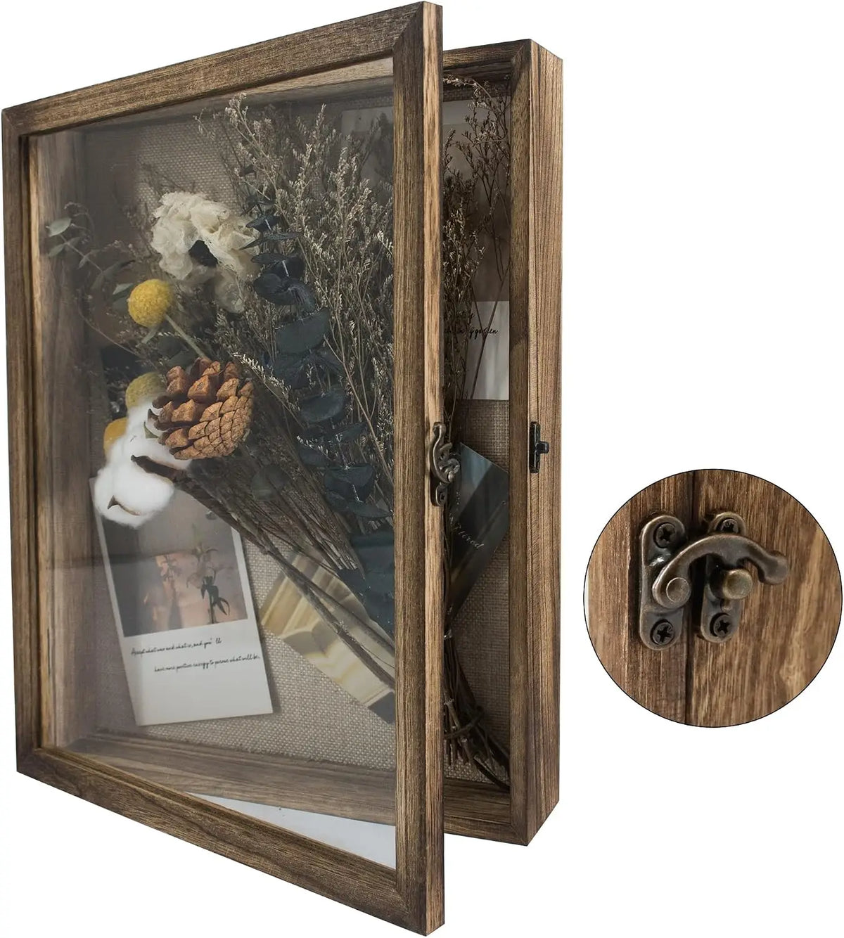 Wood shadow box frame hinged glass door open view