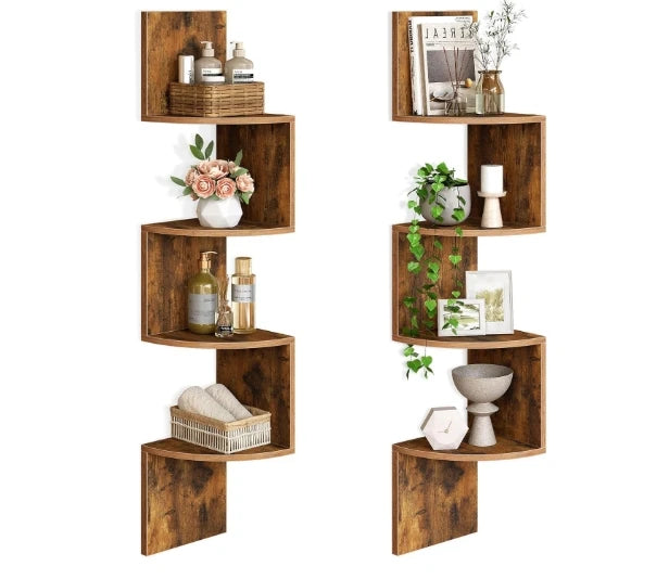 Wholesale Floating Corner Shelves Set of 2 | 4-Tier Wall-Mounted Wood Shelving | Factory Direct