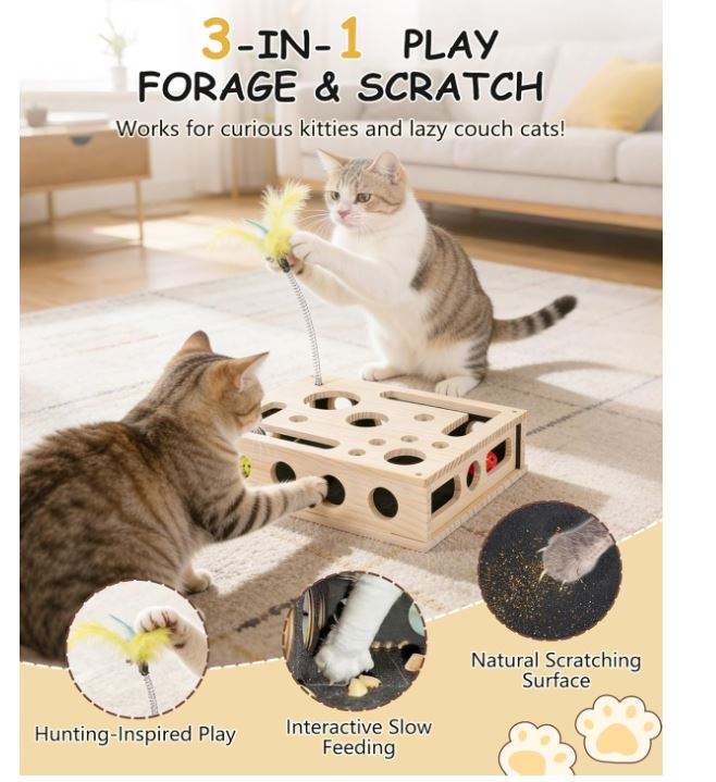 Wood Cat Puzzle Toy OEM | Interactive Scratcher Box Nail File | Custom