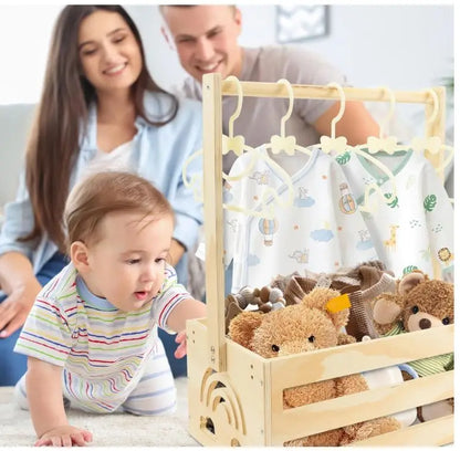 Wooden baby shower crate lifestyle photo with family