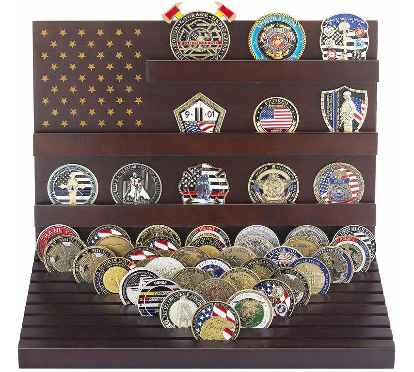 Wood Coin Display Stand OEM | Rubber Wood 80-Coin Challenge Holder | Custom