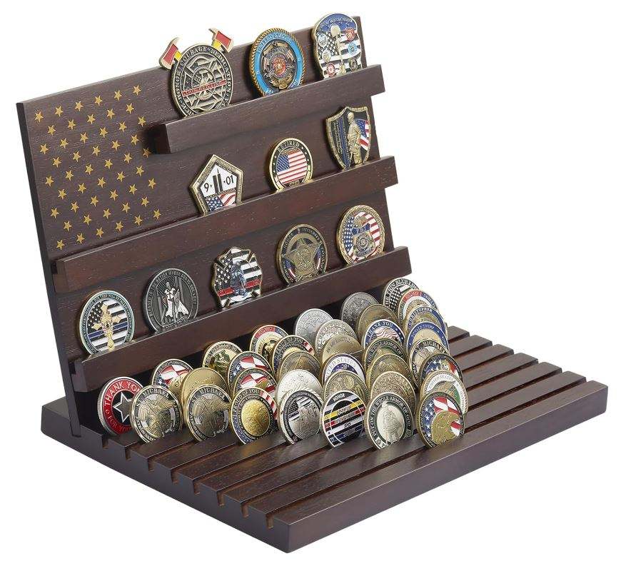 Wood Coin Display Stand OEM | Rubber Wood 80-Coin Challenge Holder | Custom