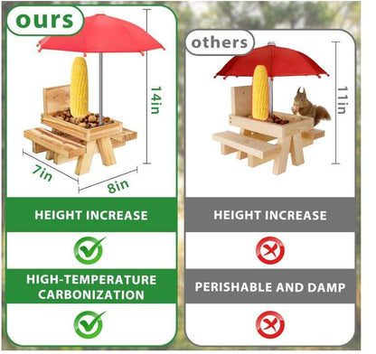 Wood Squirrel Feeder OEM | Carbonized Picnic Table with Umbrella | Corn Cob Custom