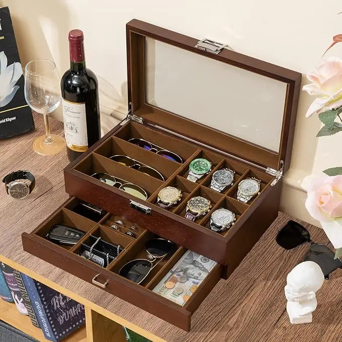 Wholesale Men's Wood Watch Box | Glass Lid Jewelry Organizer Storage Case | Factory Direct