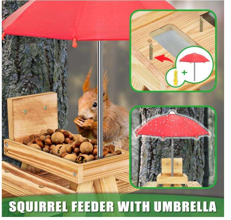 Wood Squirrel Feeder OEM | Carbonized Picnic Table with Umbrella | Corn Cob Custom