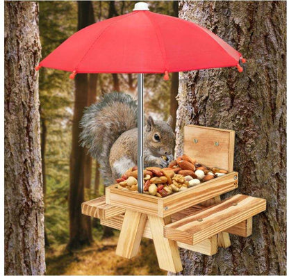 Wood Squirrel Feeder OEM | Carbonized Picnic Table with Umbrella | Corn Cob Custom