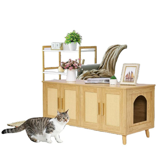 Wholesale rattan-trim litter box enclosure for 2 cats