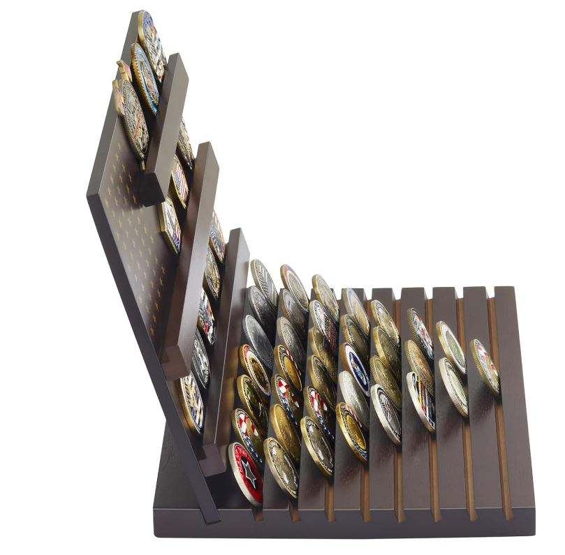 Wood Coin Display Stand OEM | Rubber Wood 80-Coin Challenge Holder | Custom