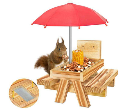 Wood Squirrel Feeder OEM | Carbonized Picnic Table with Umbrella | Corn Cob Custom