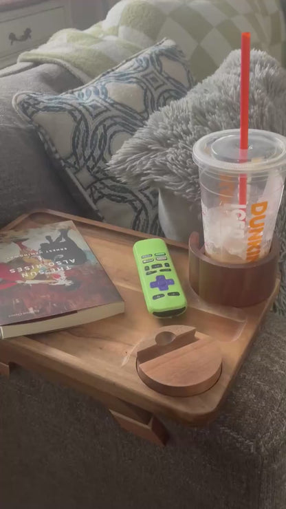 Acacia Wood Sofa Arm Tray OEM | 3-in-1 Cup Holder Clip-On | Rotating Phone Stand