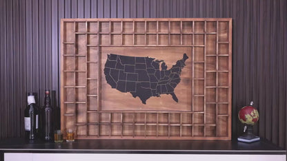 Wooden Shot Glass Display Case OEM | World Map 60-Slot Rustic | Acrylic Door Custom
