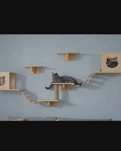 Wall-Mounted Cat Climbing Wall Set | 7-Piece Wood Cat Shelves with Scratching Post, Soft Ladder & Cat House | Wholesale OEM