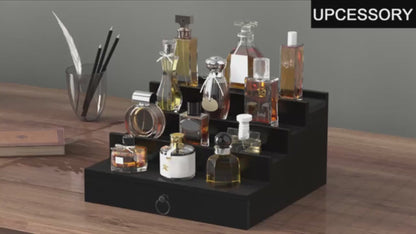 3-Tier Black Wooden Cologne Stand with Hidden Compartment & Drawer | Men's Fragrance Display Organizer