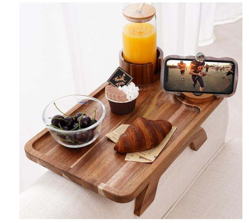 Acacia Wood Sofa Arm Tray OEM | 3-in-1 Cup Holder Clip-On | Rotating Phone Stand
