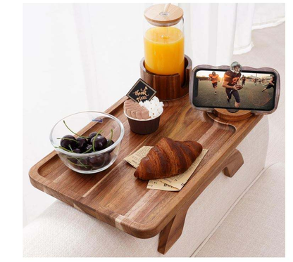 Acacia Wood Sofa Arm Tray OEM | 3-in-1 Cup Holder Clip-On | Rotating Phone Stand