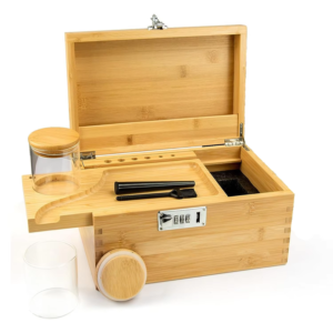 Wholesale Bamboo Wooden Stash Organizer Box with Rolling Tray Glass Jar Smell Proof Storage Container Smoking Accessories
