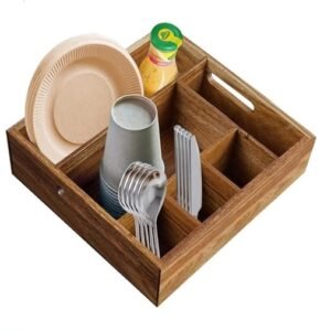 Handmade Acacia Wood Silverware Caddy with Built-in Handle Wooden Utensil Holder Paper Plate Organizer with 6 Compartments for Plate