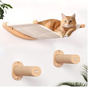 Cat Wall Shelves, Wood Cat Wall Furniture with 3 Cat Wall Steps, Cat Feeding Shelf with 2 Cat Food Bowls, Wooden Cat Bed Furniture Wall Mounted