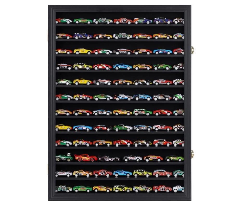 Hot Toy Cars Wheels Matchbox Model Cars Hot Display Case Cabinet UV Protection 1/64-1/43 Scale (Black Finish)