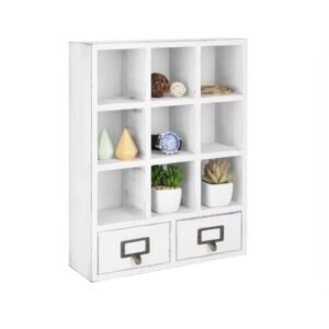 High Quality Wood Shadow Box Shelf Vintage White Wooden Table Top Display Organizer with 2 Pull Out Drawers for Home