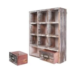 Rustic Wood Shadow Box Shelf, warm brown finish, home aesthetic, table top display organizer, collectibles, photographs, decorations, pull-out drawers, storage space, small items, organized, clutter-free, living rooms, bedrooms, rustic charm