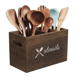 New Style 3 Compartment Wooden Kitchen Utensil Holder Organizer with 2 Adjustable Dividers Silverware Organizer
