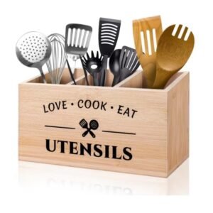 High Quality Bamboo Utensil Holder Caddy with 3 Compartments for Kitchen Counter Rustic Flatware Organizer