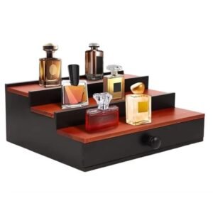 Best Selling Decolore Black Wooden Cologne Organizer for Men 3 Tier Cologne Display Shelf with Drawer