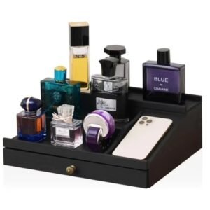 Christmas Decor Wooden Cologne Organizer for Men 3 Tier of Elevated Cologne Stand Organizer with Drawer Cologne Holder