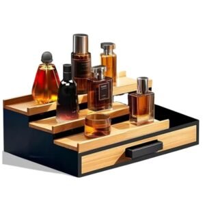 Factory Cologne Organizer for Men 3 Tiers Wooden Perfume Display Stand with Felt Lining Drawer Drawer