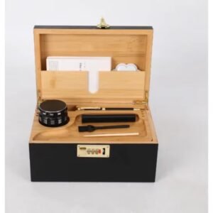Large Bamboo Stash Box Combo with Accessories Bamboo Decorative Storage Box with Bamboo Rolling Tray 3 Airtight Glass Jars