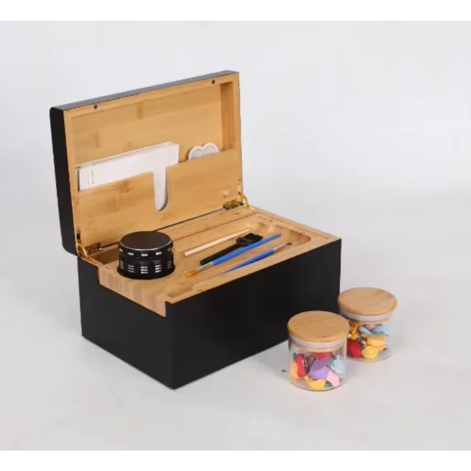 Black Grinder and Cleaning Brush Bamboo Stash Box Combo with Accessories Bamboo Decorative Storage Box with Bamboo Rolling Tray