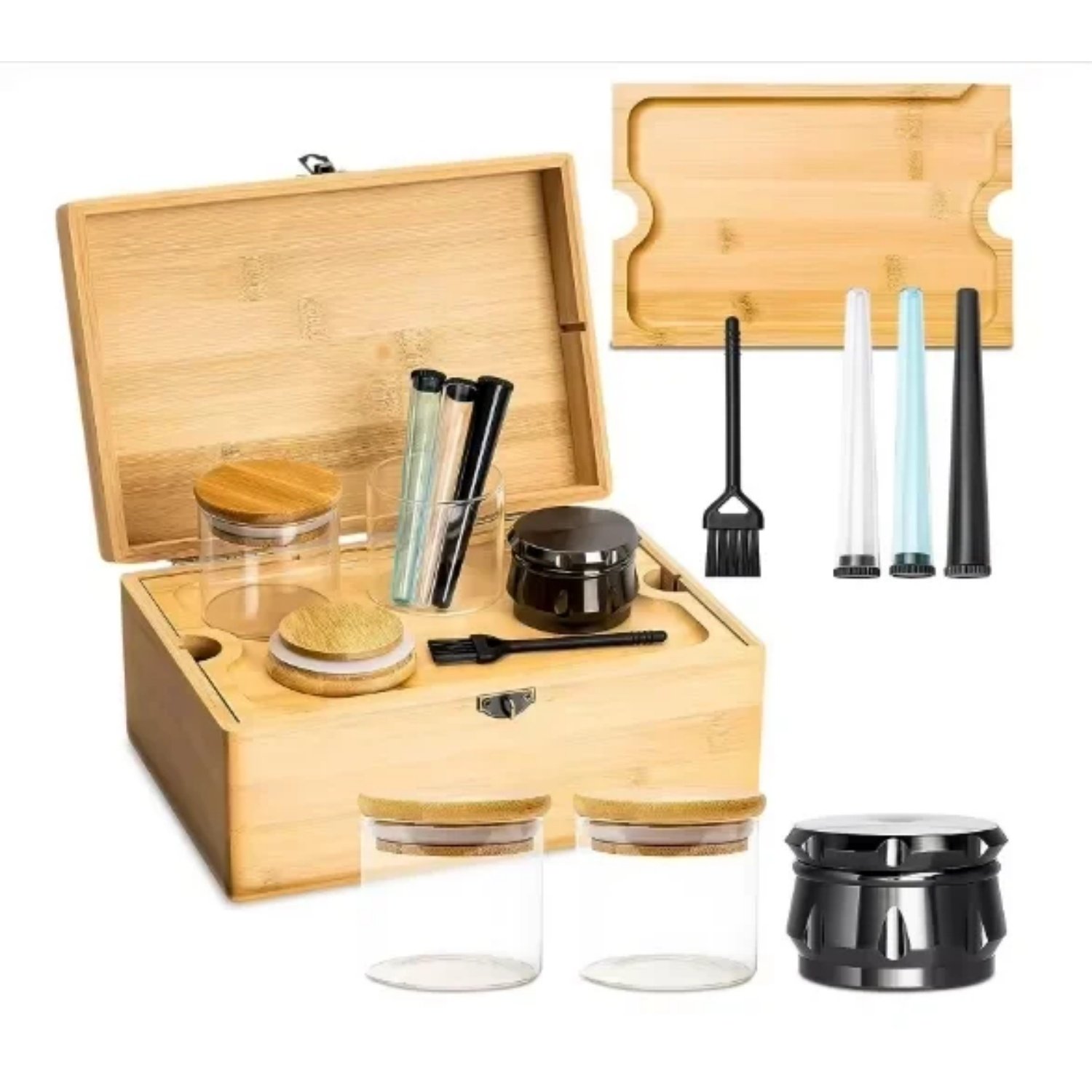 Stash Box Premium Bamboo Storage Box with Grinder and Rolling Tray Set