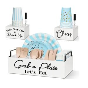 Paper Plate Holders with 2 Cup Holders and 2 Markers Wood Utensil Holder for Party